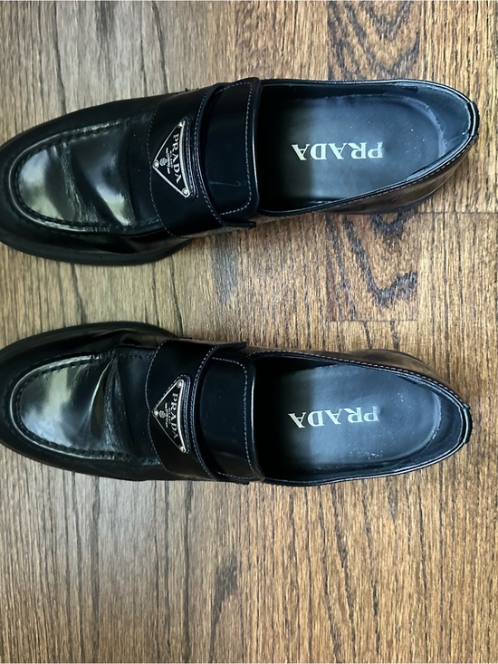 Prada Shoes - Prada Black Leather Penny Loafers with Triangle Logo